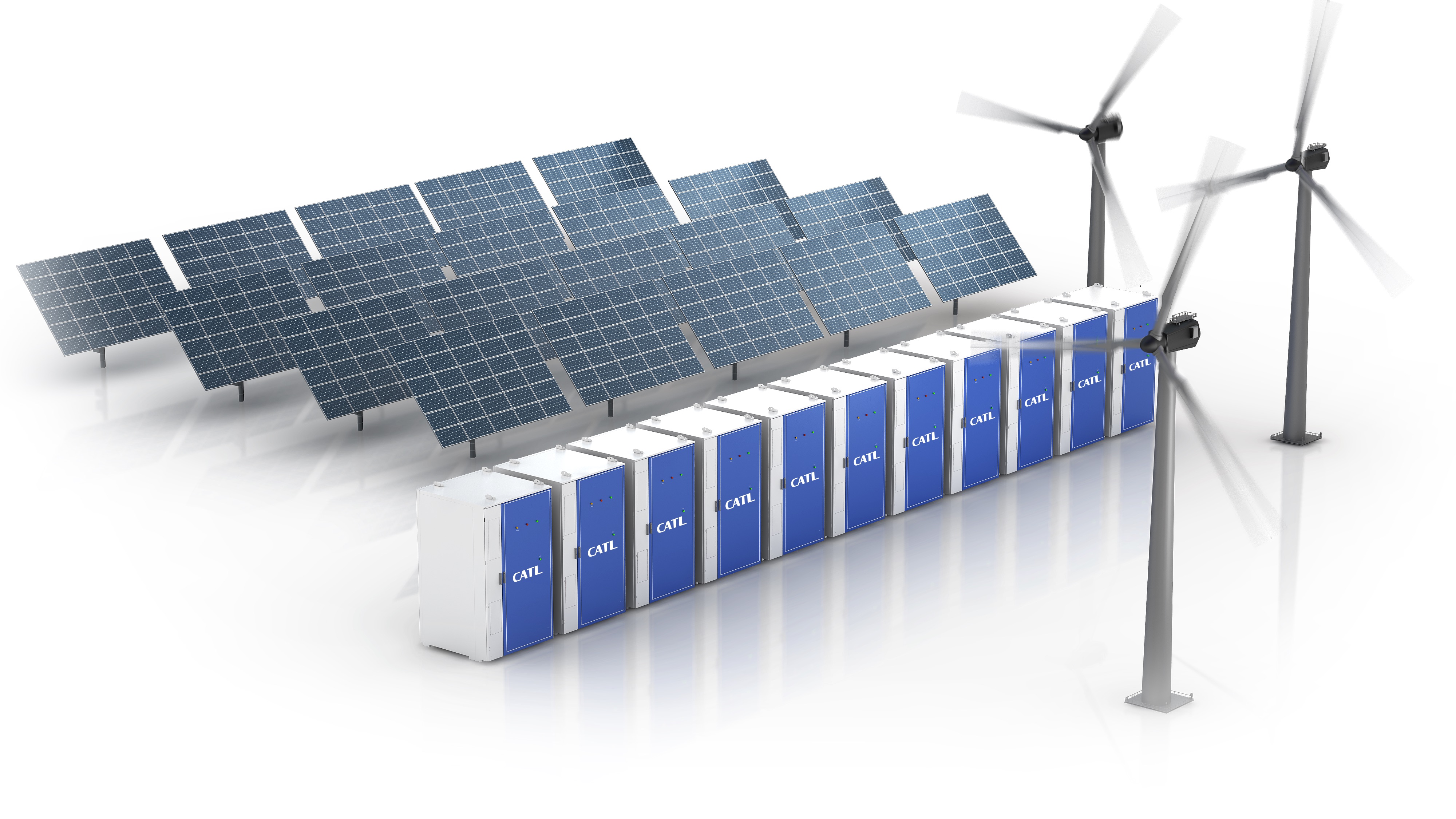 CATL energy storage systems with solar panels and wind turbines