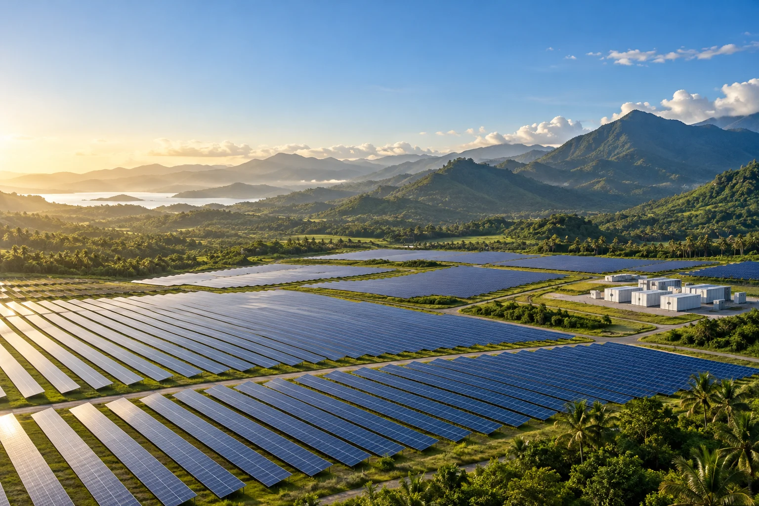 Paisaje ilustrativo con energía solar y almacenamiento